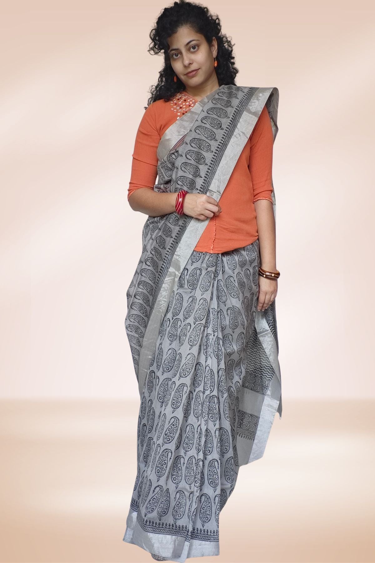 Grey Block Print Maheshwari Saree