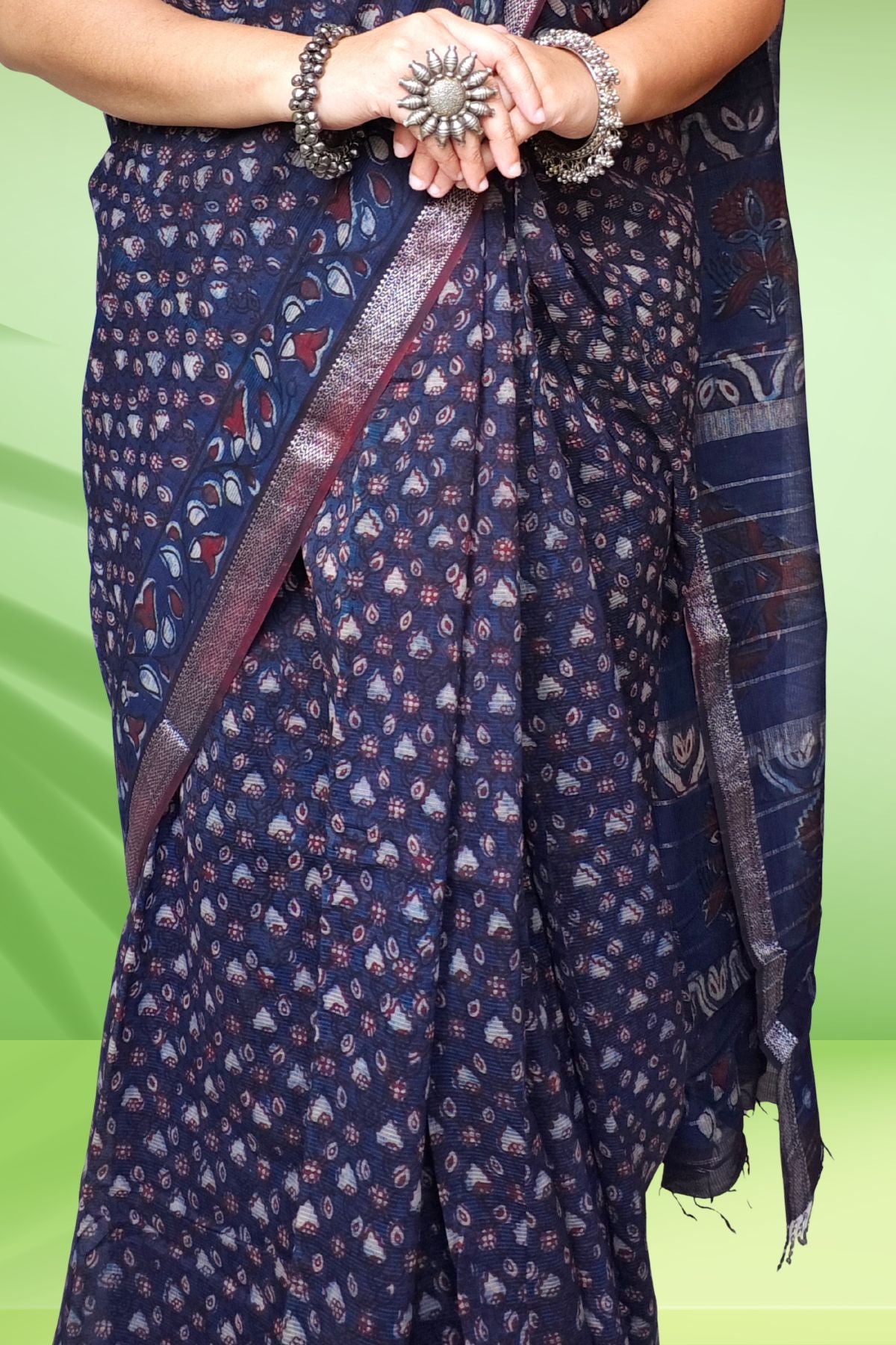 Indigo Double Dabu Maheshwari Saree