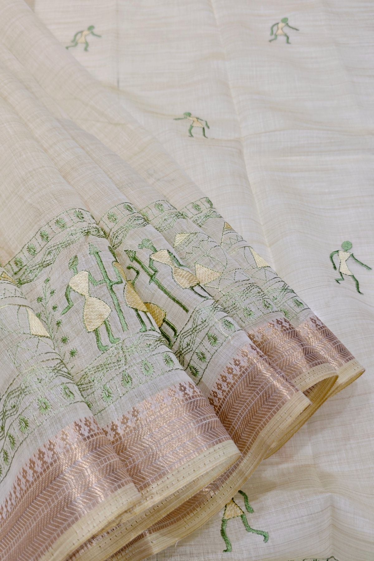 Ivory Cotton Saree with Green Warli Art
