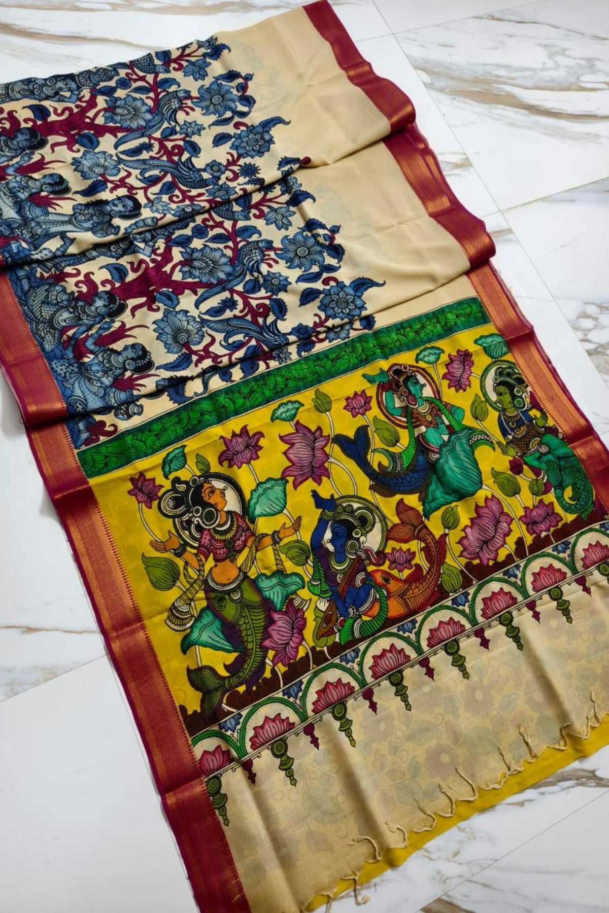 Multicolour Srikalahasti Kalamkari Bangalore Silk Saree 2