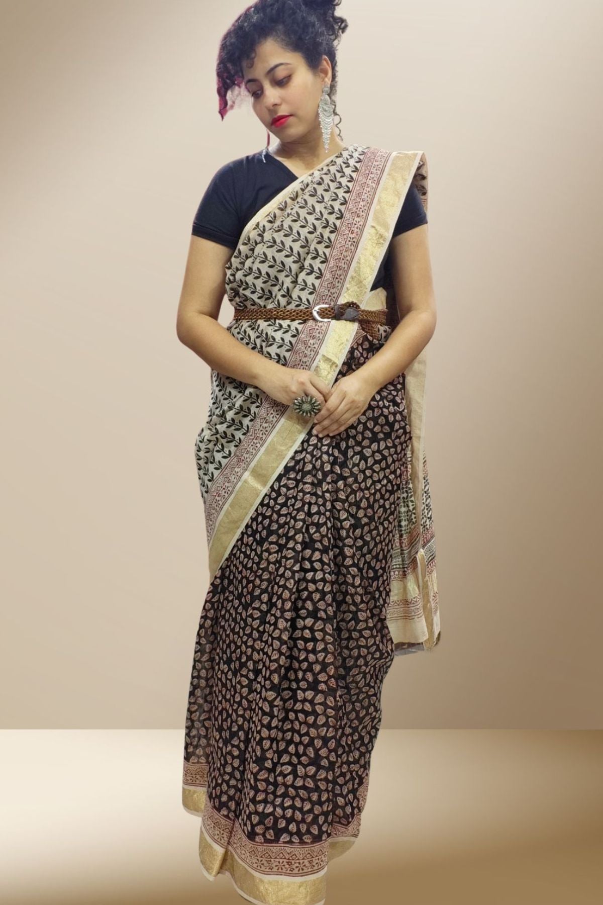 Black Bagh Print Maheshwari Saree