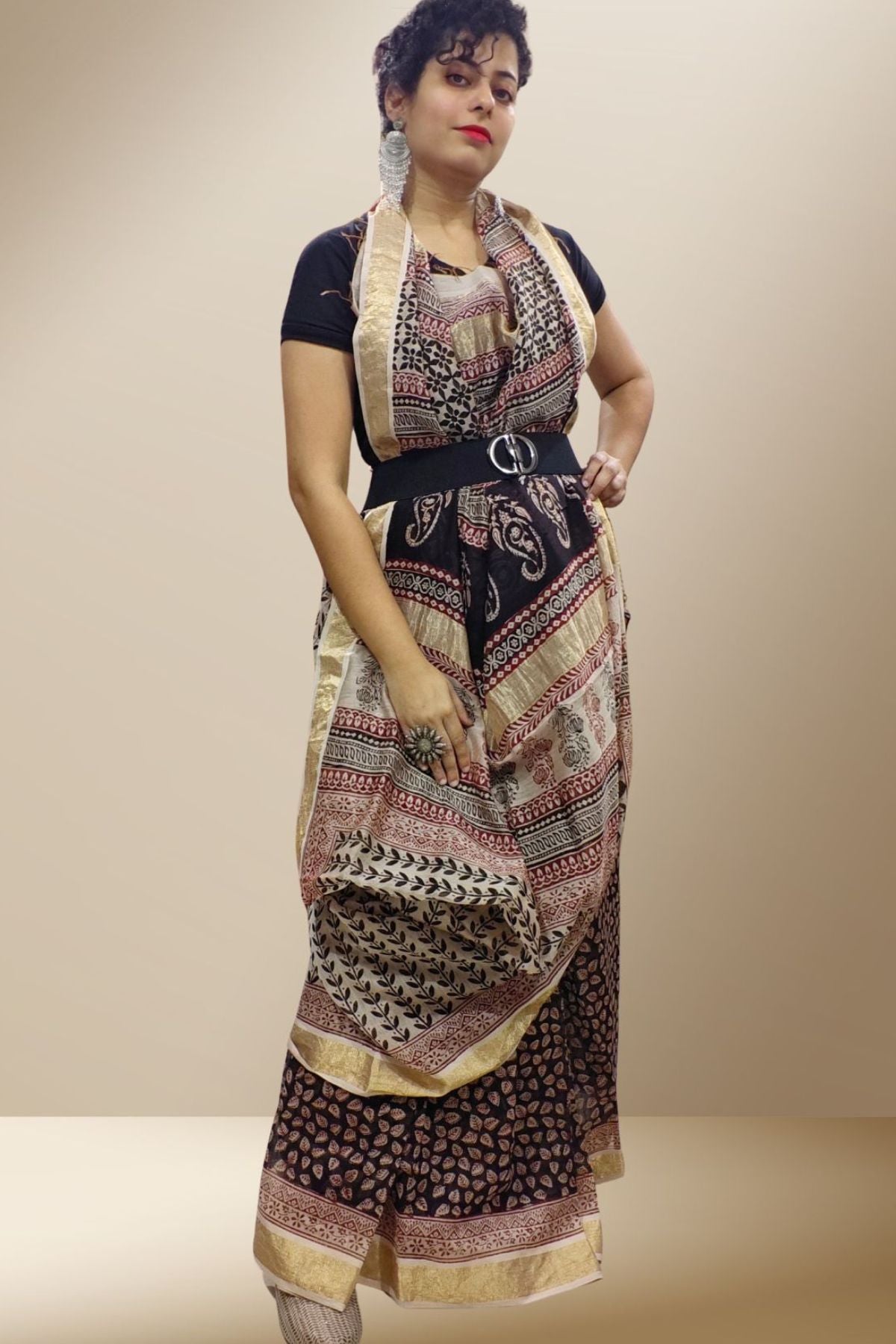 Black Bagh Print Maheshwari Saree