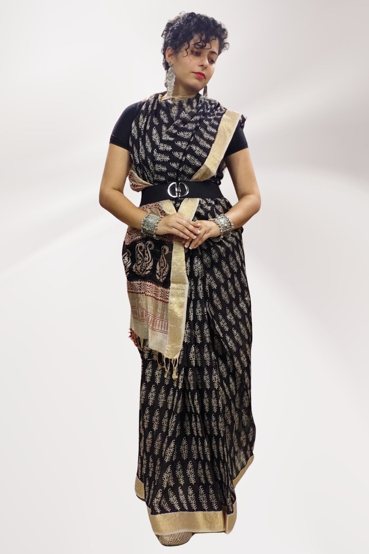 Black Bagh Print Maheshwari Saree