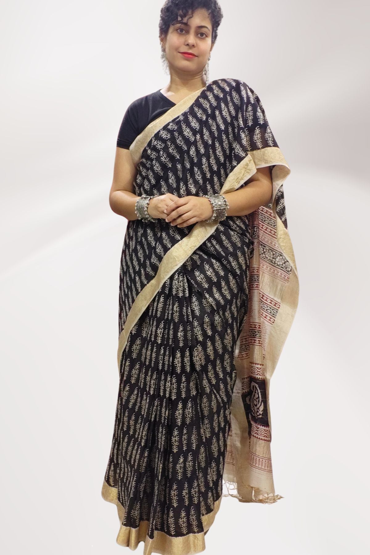 Black Bagh Print Maheshwari Saree