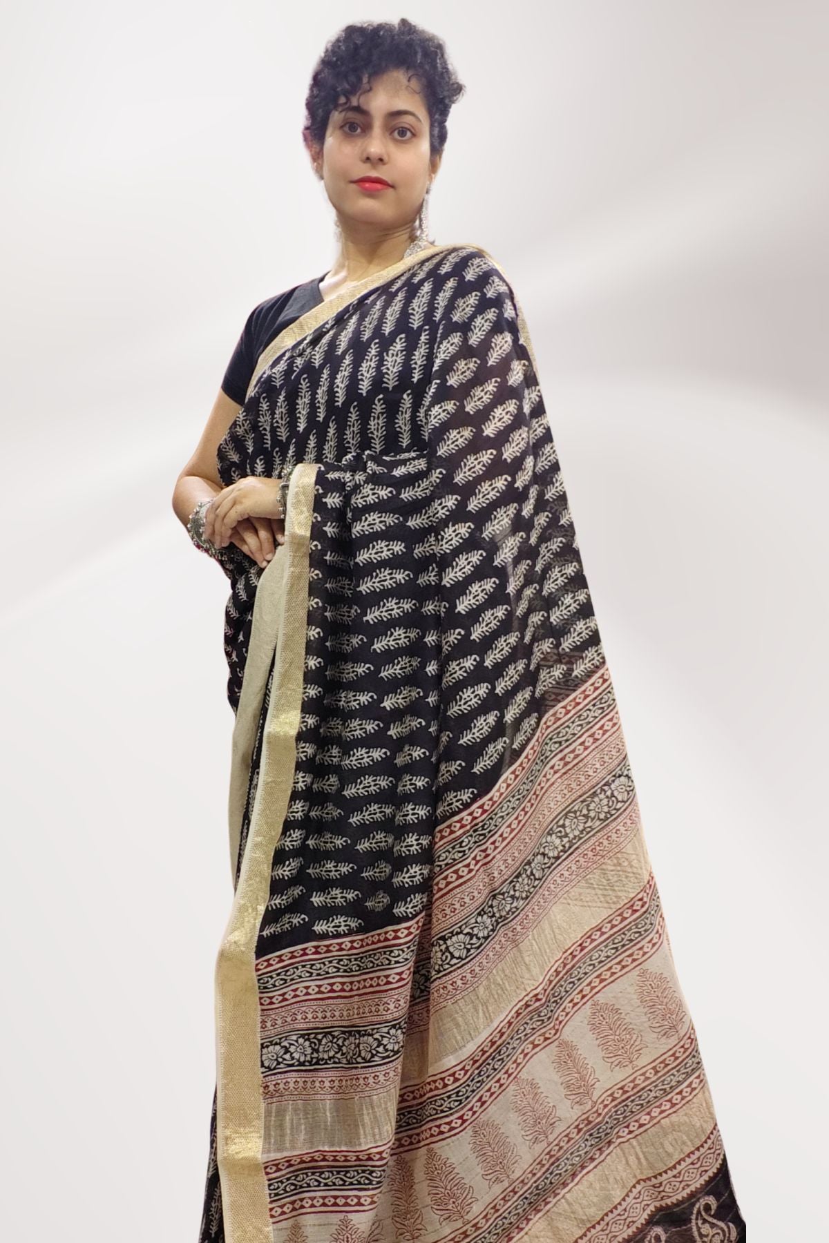 Black Bagh Print Maheshwari Saree