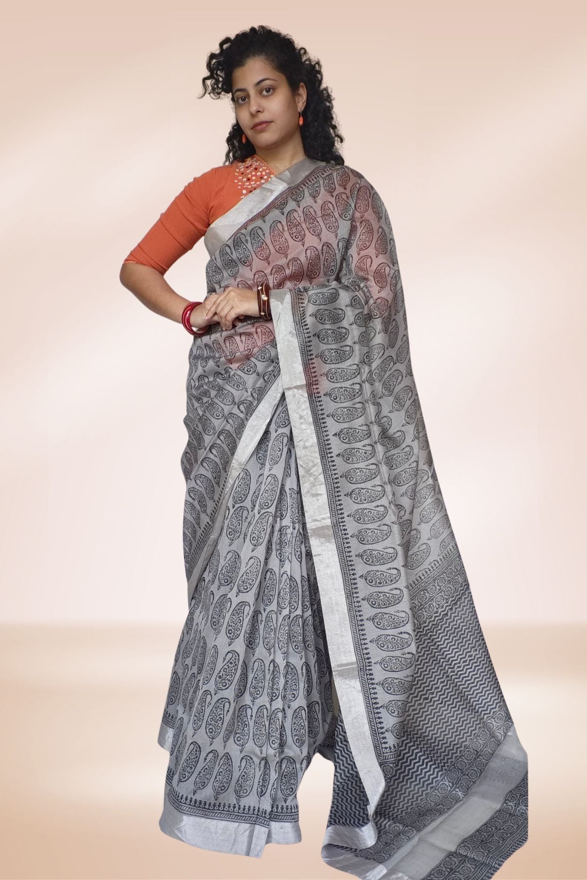 Grey Block Print Maheshwari Saree