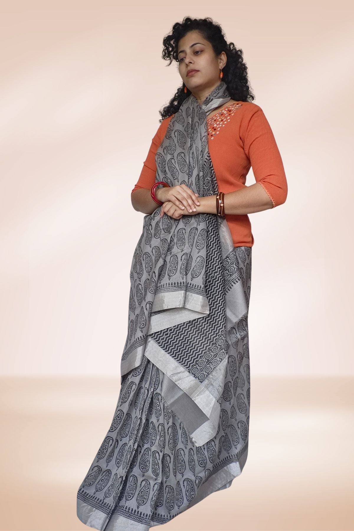 Grey Block Print Maheshwari Saree