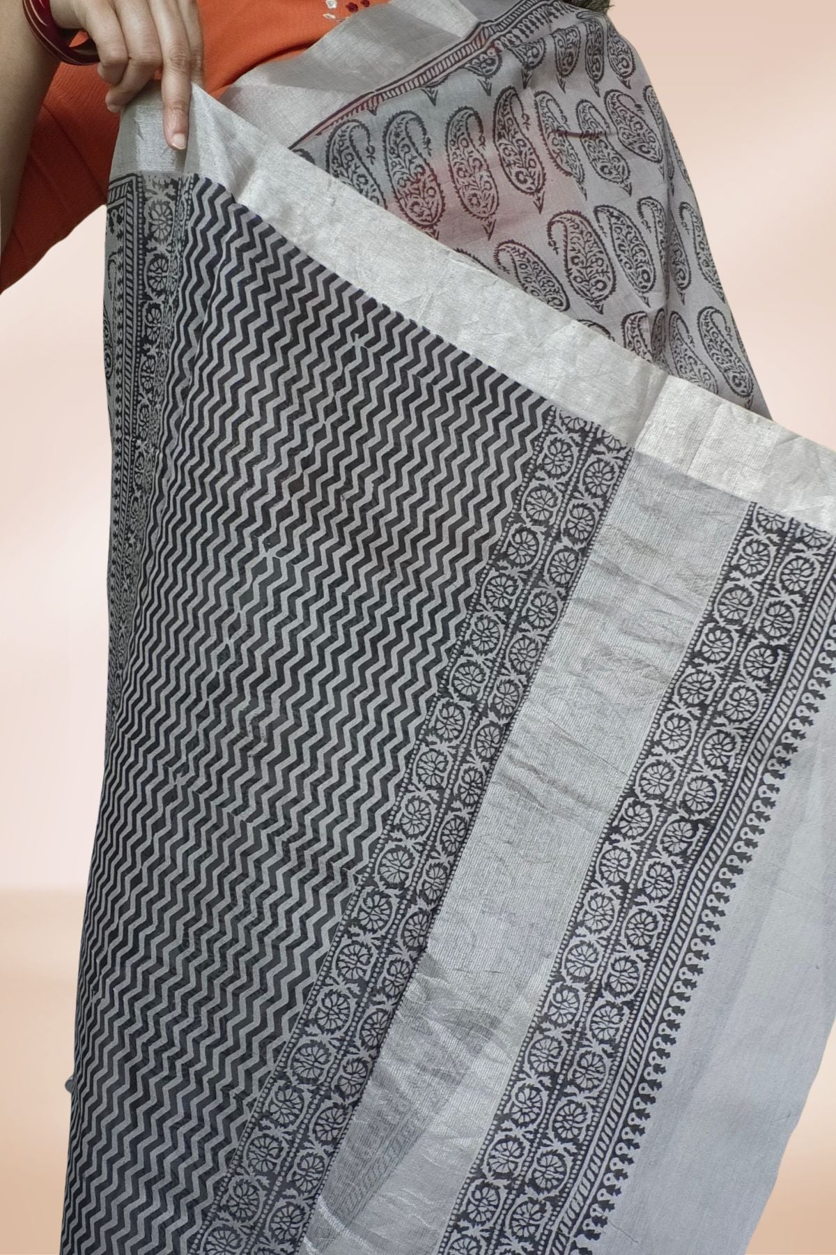 Grey Block Print Maheshwari Saree
