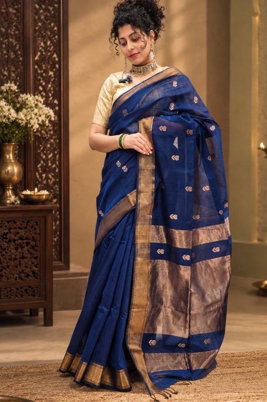 Blue Lotus Motifs Maheshwari Saree