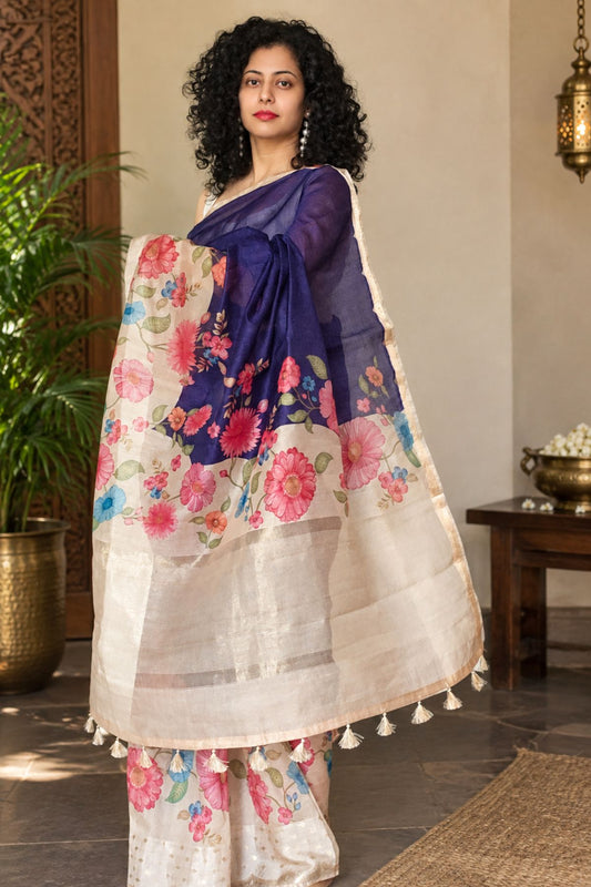 Blue Tussar Saree