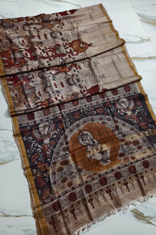 Brown Srikalahasti Kalamkari Tussar Silk Saree