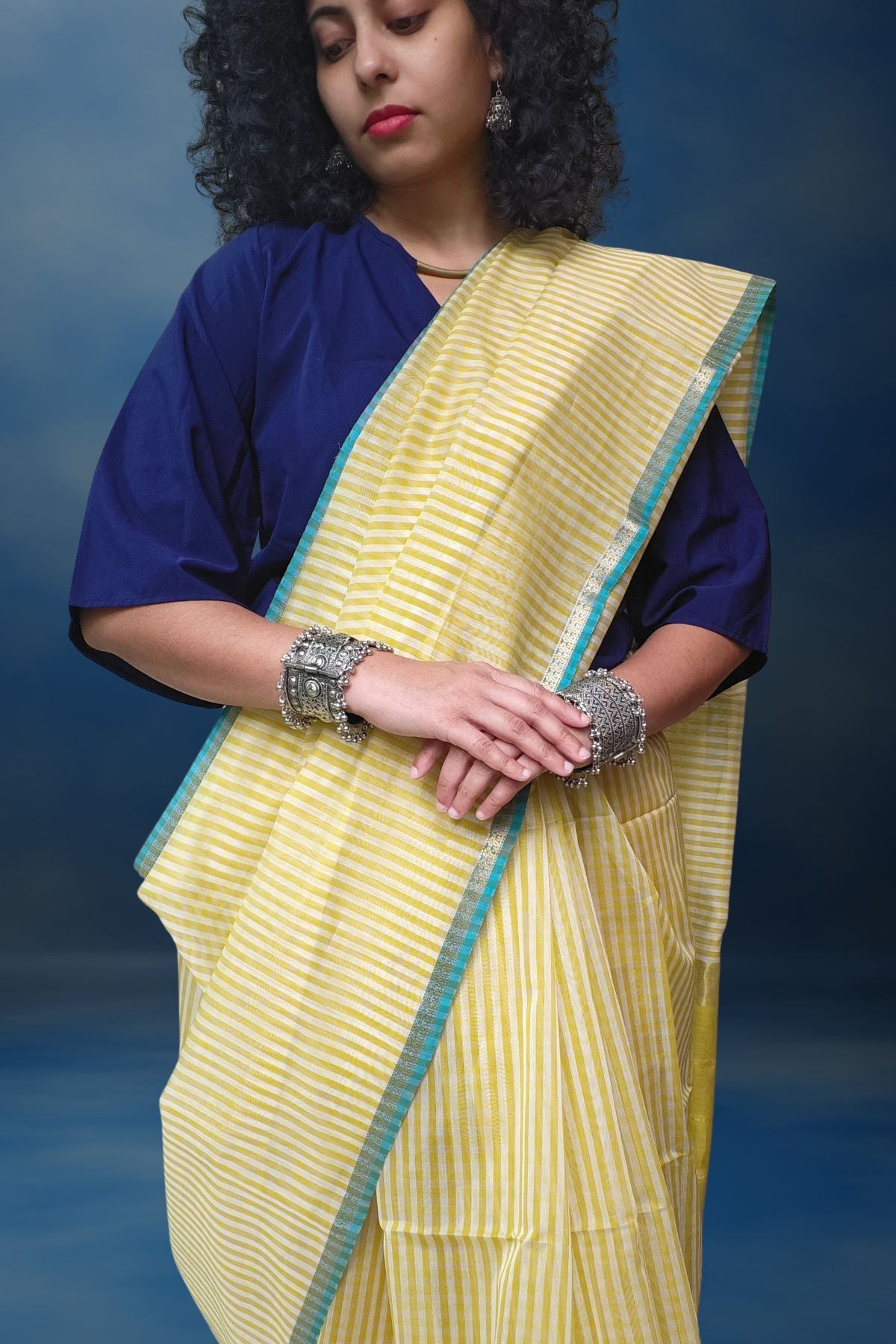 Yellow Checks Maheshwari Saree