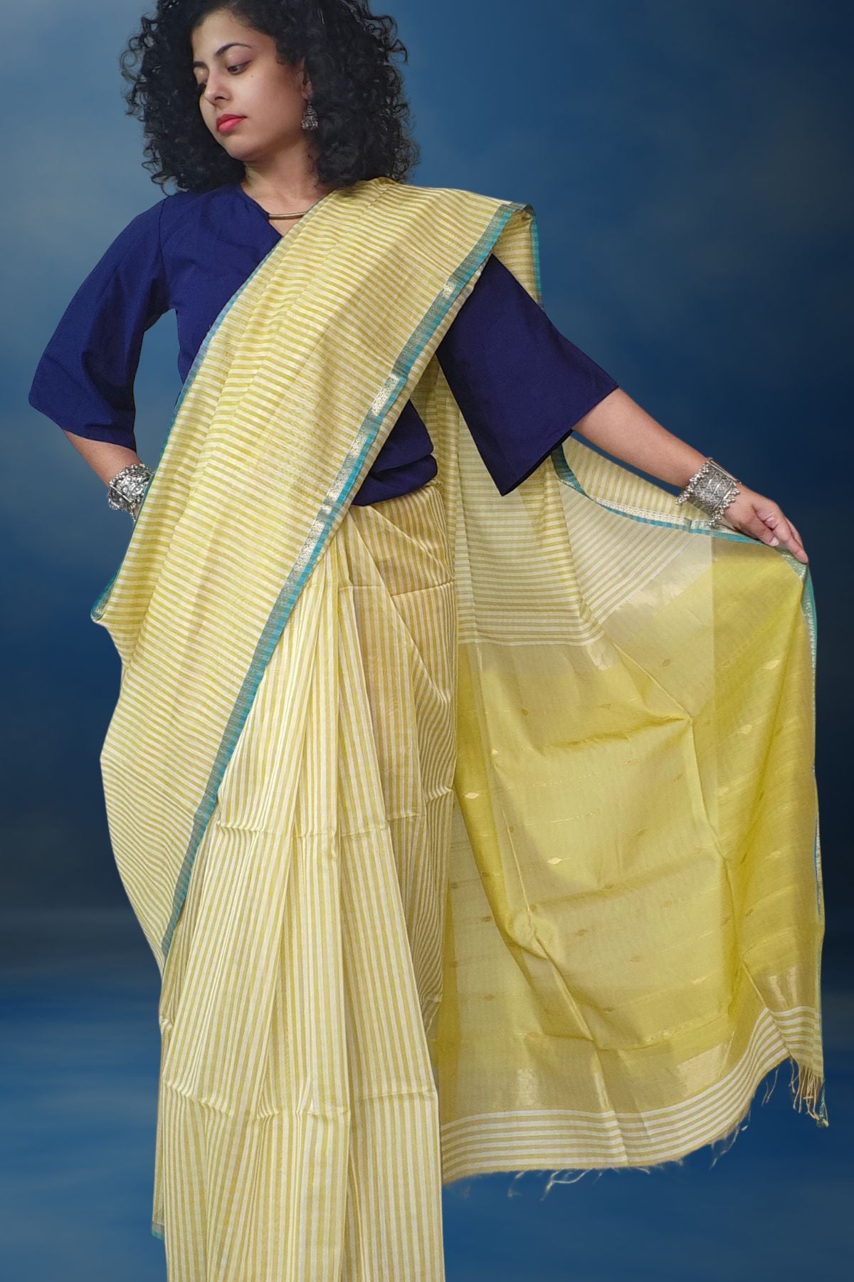 Yellow Checks Maheshwari Saree