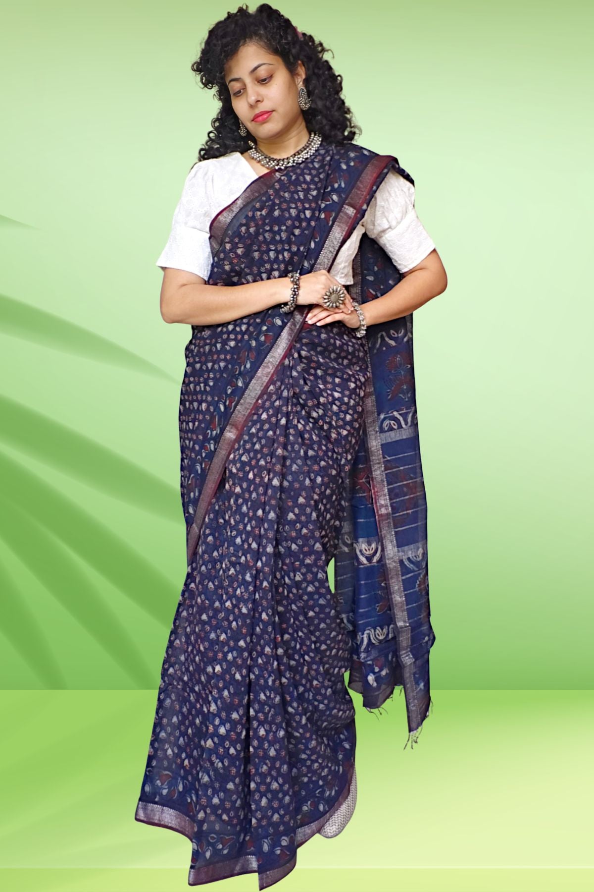 Indigo Double Dabu Maheshwari Saree