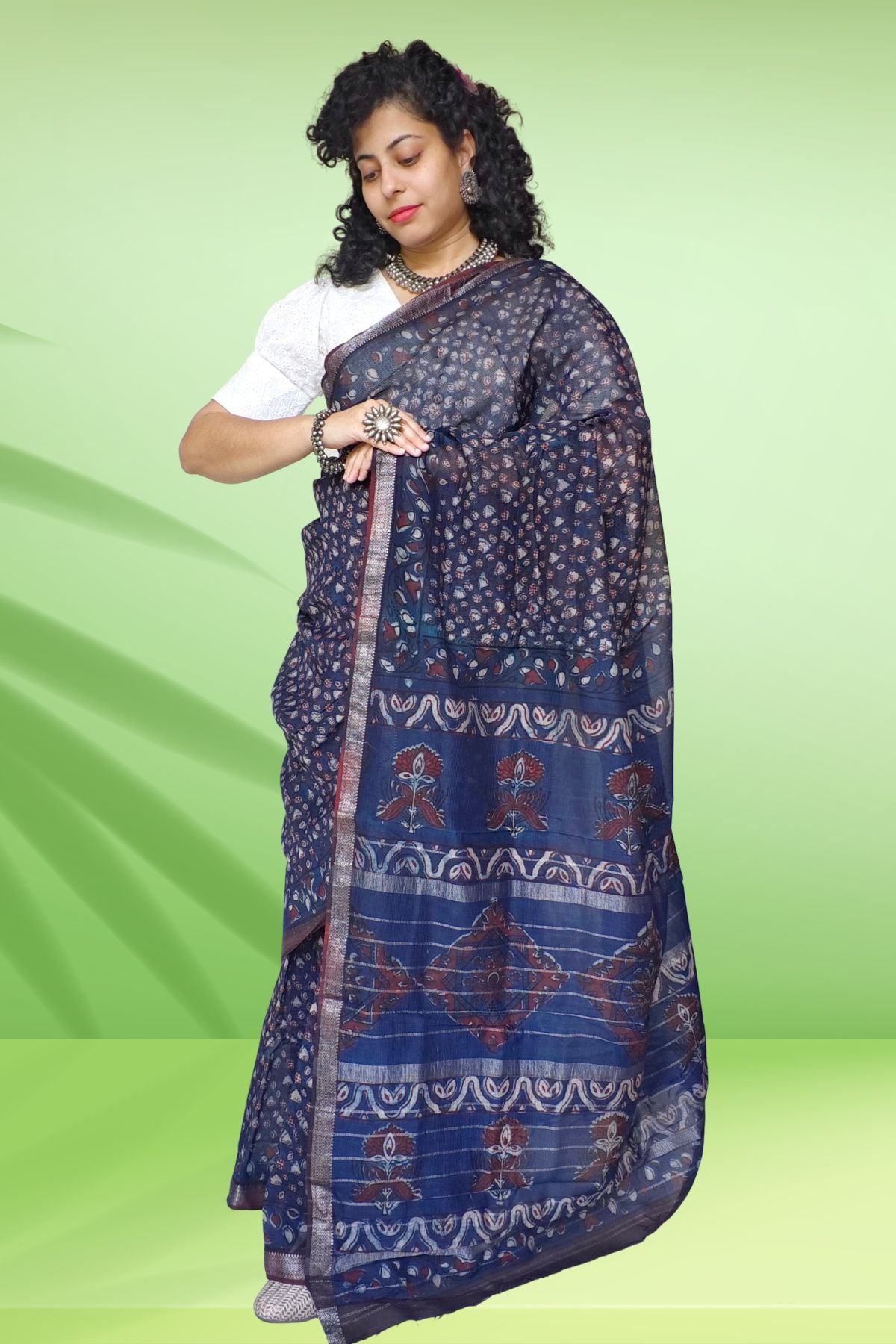 Indigo Double Dabu Maheshwari Saree