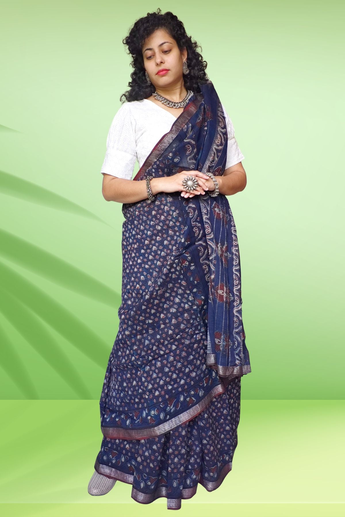 Indigo Double Dabu Maheshwari Saree