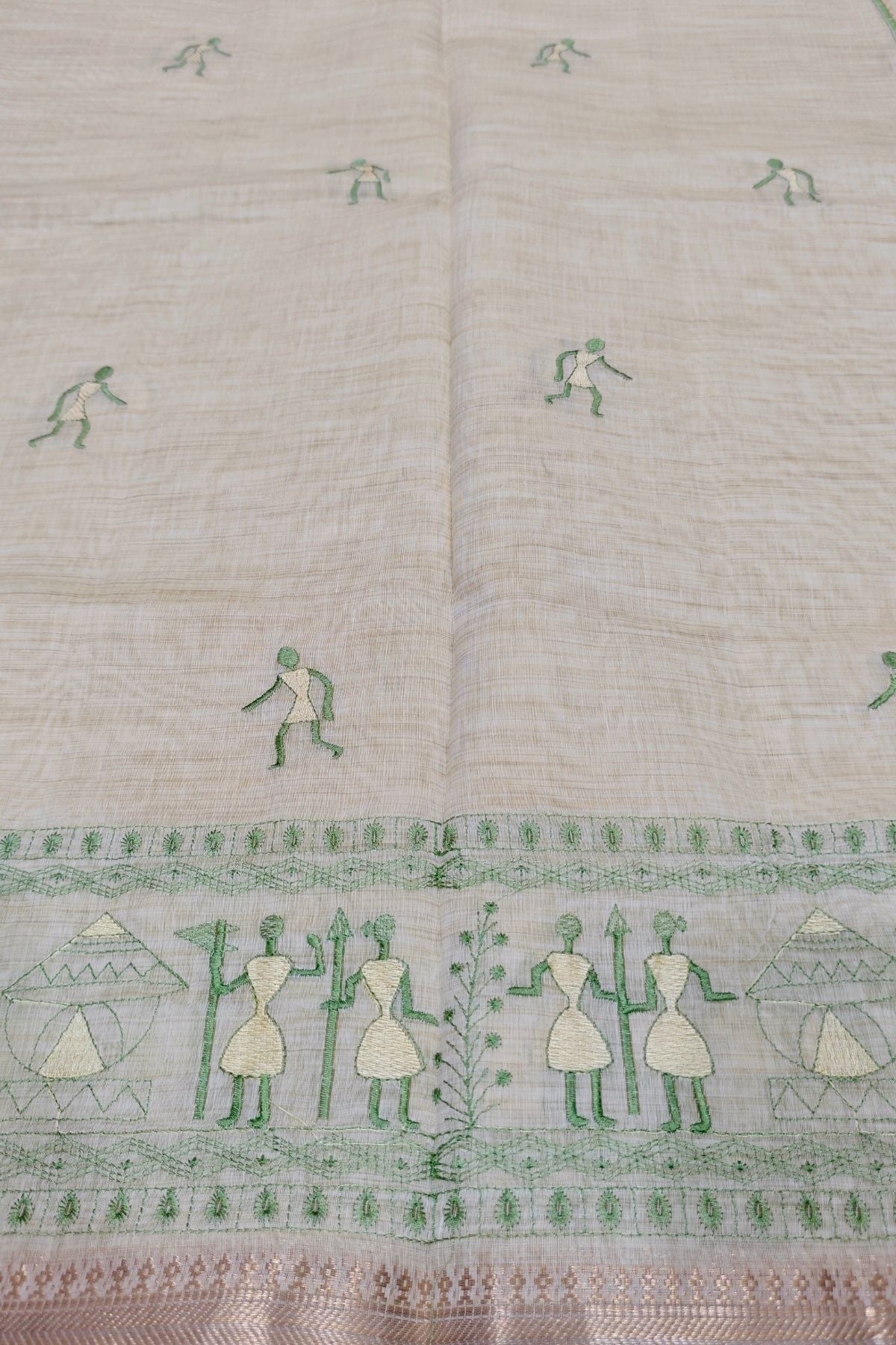 Ivory Cotton Saree with Green Warli Art