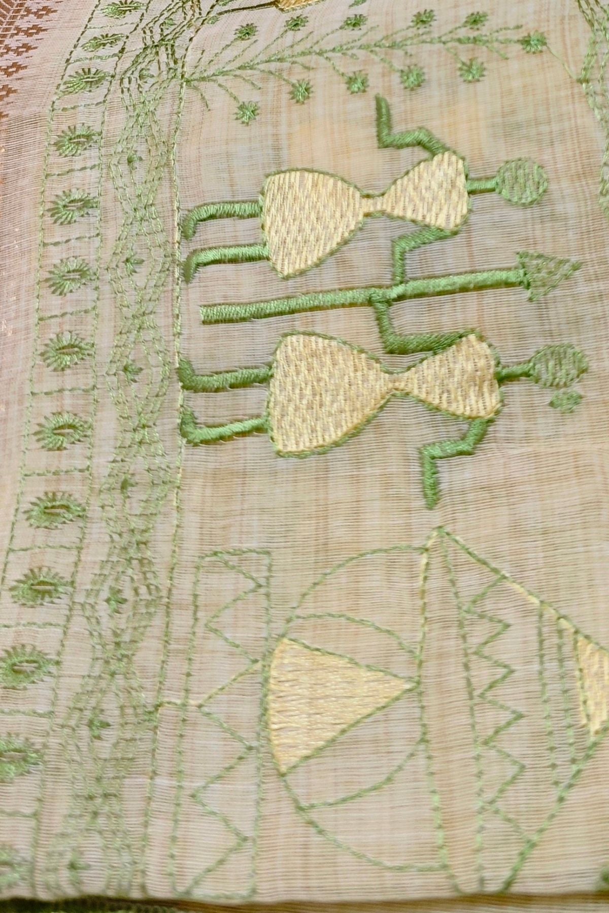 Ivory Cotton Saree with Green Warli Art
