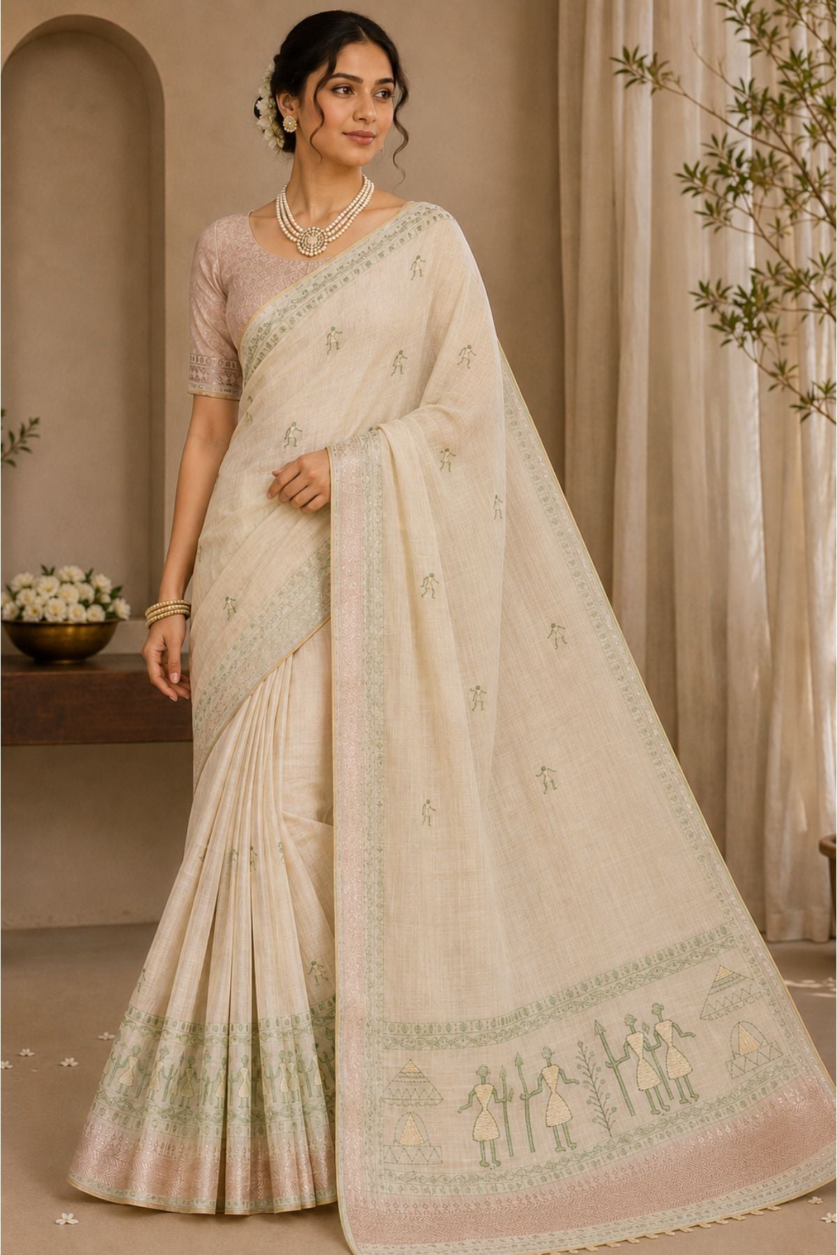 Ivory Cotton Saree with Green Warli Art