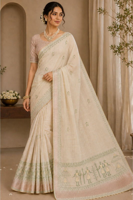 Ivory Cotton Saree with Green Warli Art