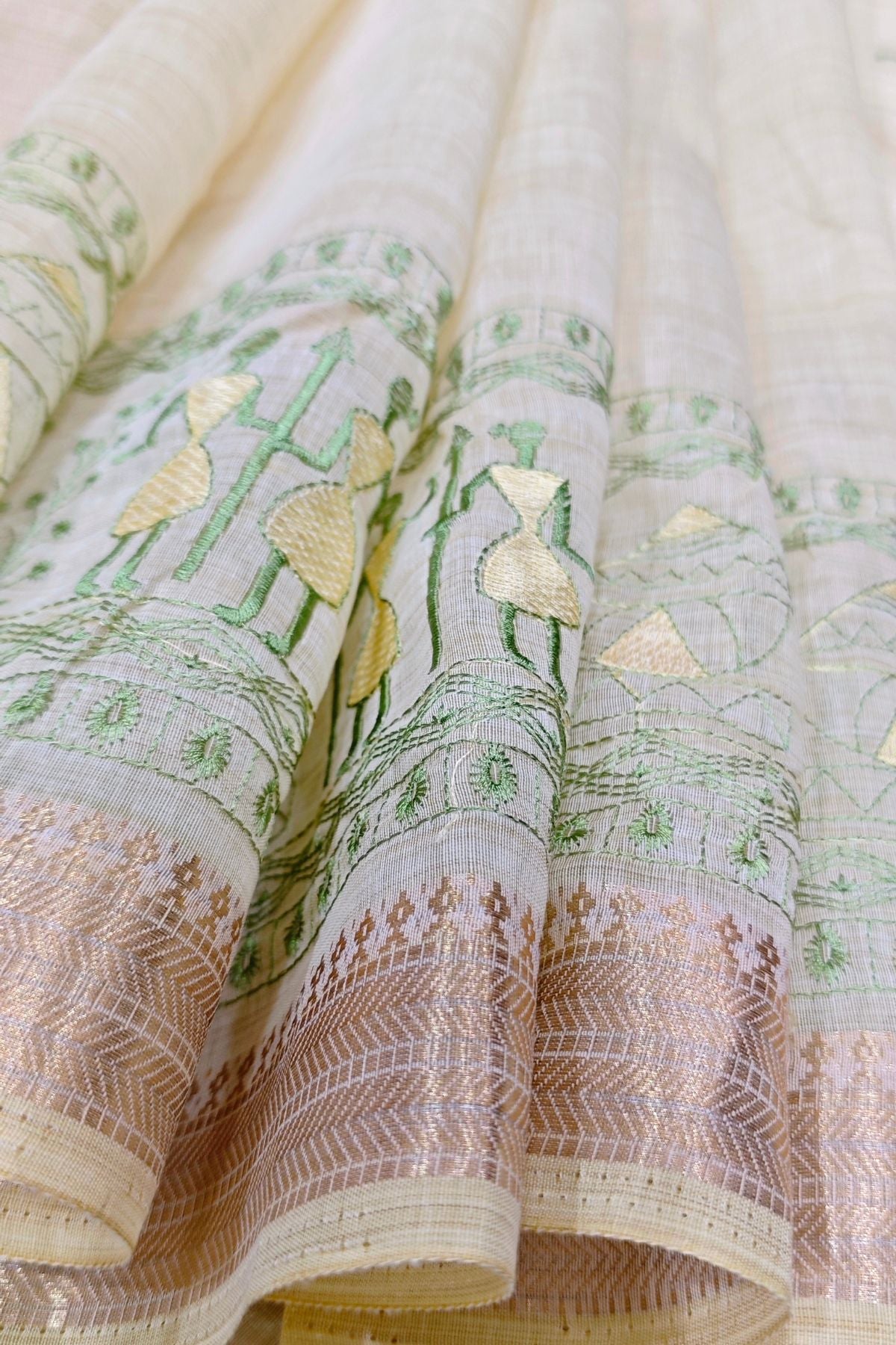 Ivory Cotton Saree with Green Warli Art