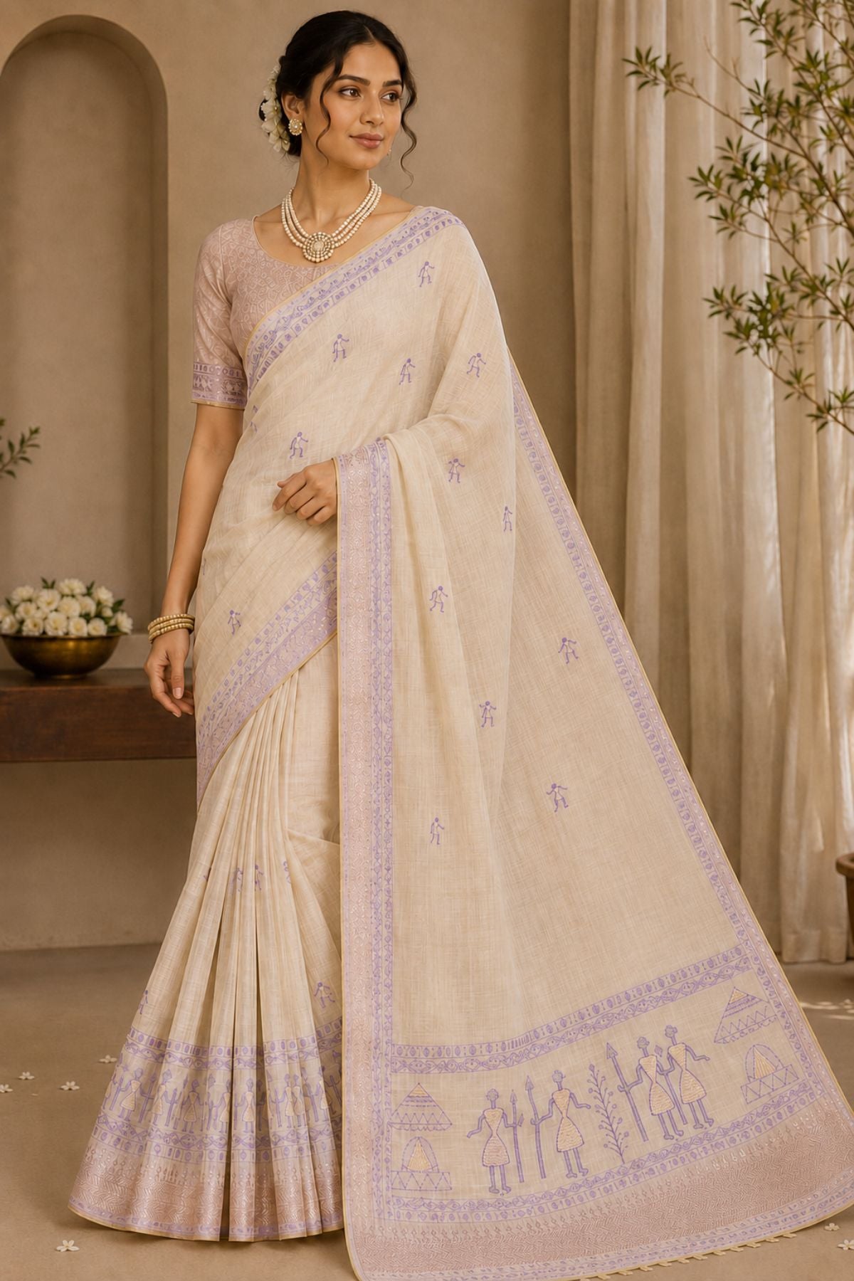 Ivory Cotton Saree with Purple Warli Art