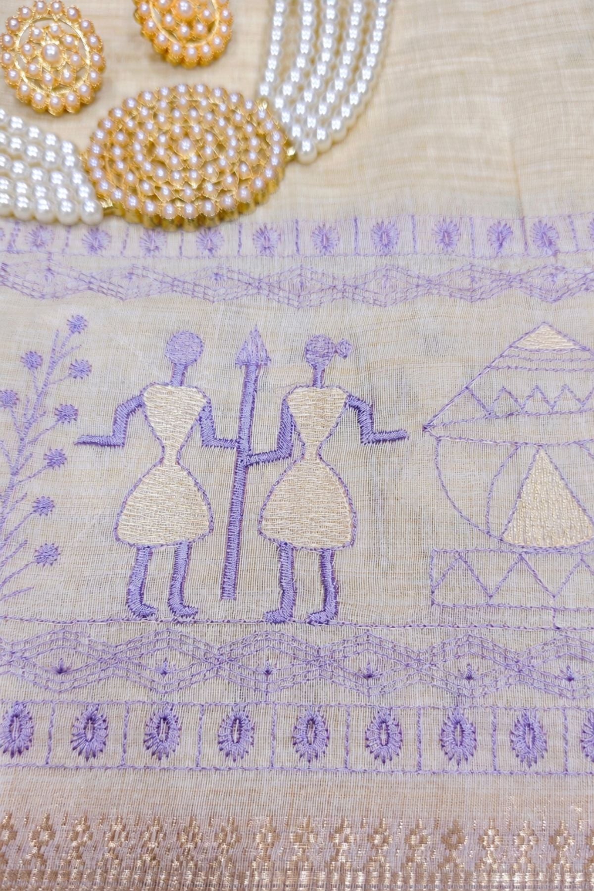 Ivory Cotton Saree with Purple Warli Art