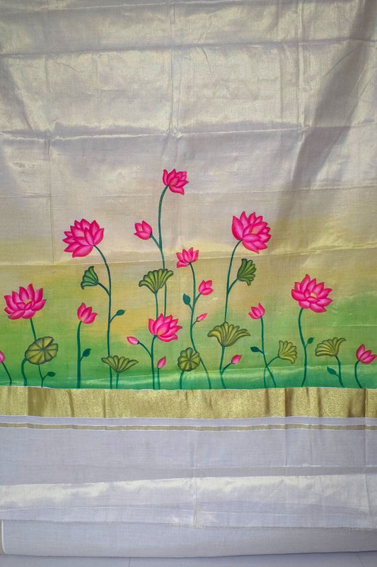 Ivory Kasavu Tissue Saree Lotus