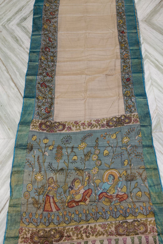Ivory Srikalahasti Kalamkari Tussar Silk Saree