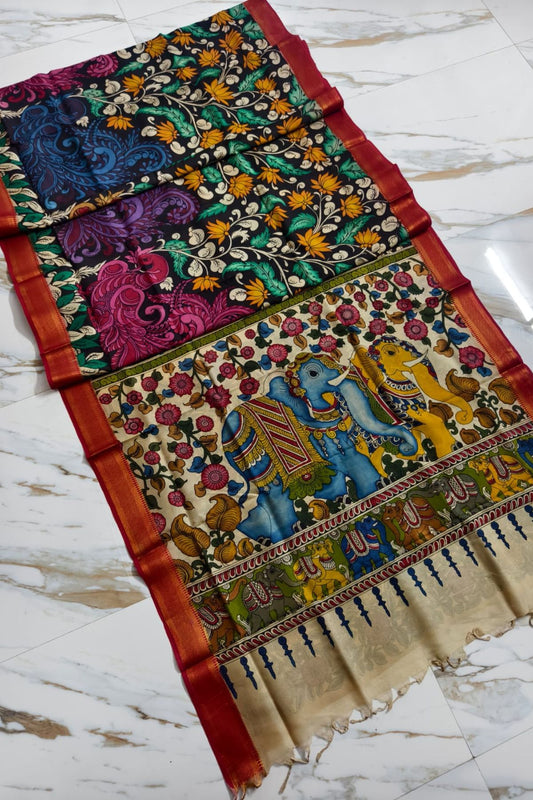 Multicolour Srikalahasti Kalamkari Bangalore Silk Saree 1