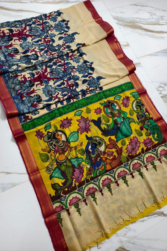 Multicolour Srikalahasti Kalamkari Bangalore Silk Saree 2