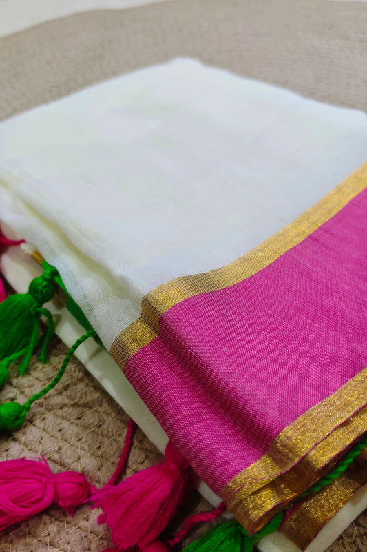 Pink & Green Border White Mulcotton Saree