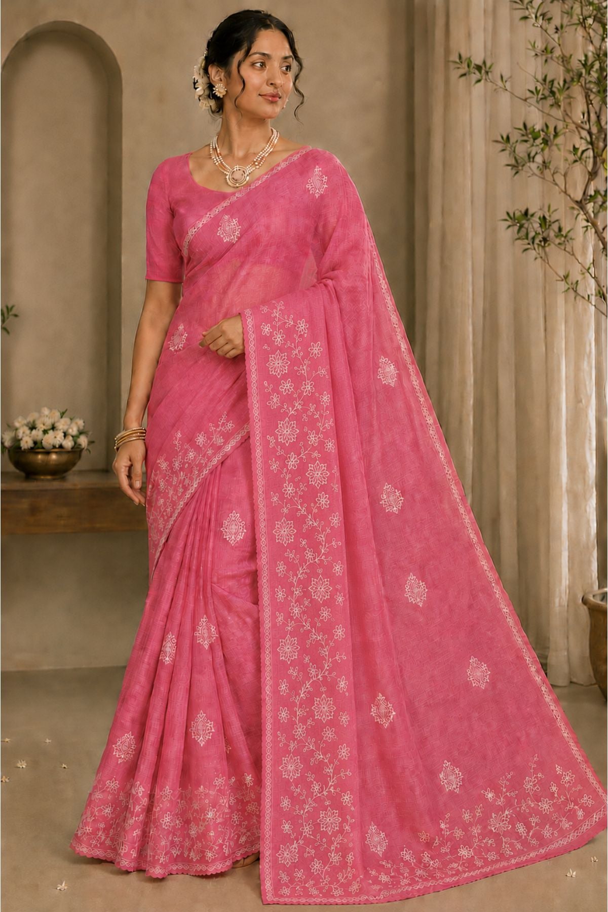 Pink Manipuri Checks Cotton Saree