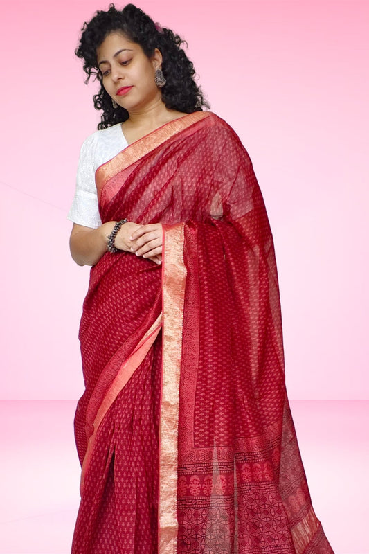Red Bagh Print Maheshwari Saree