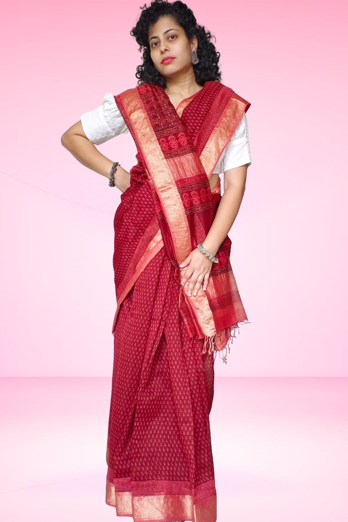 Red Bagh Print Maheshwari Saree