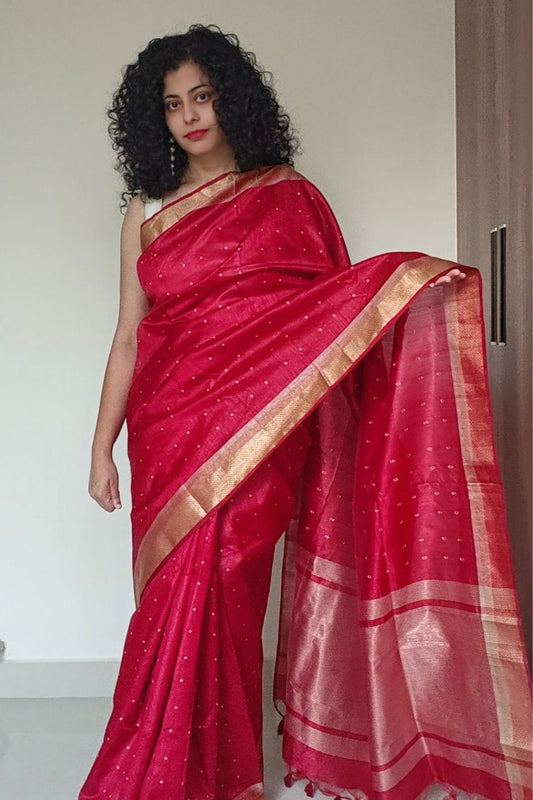 Red Tussar Polka Saree