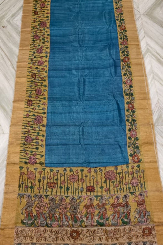 Teal Srikalahasti Kalamkari Tussar Silk Saree