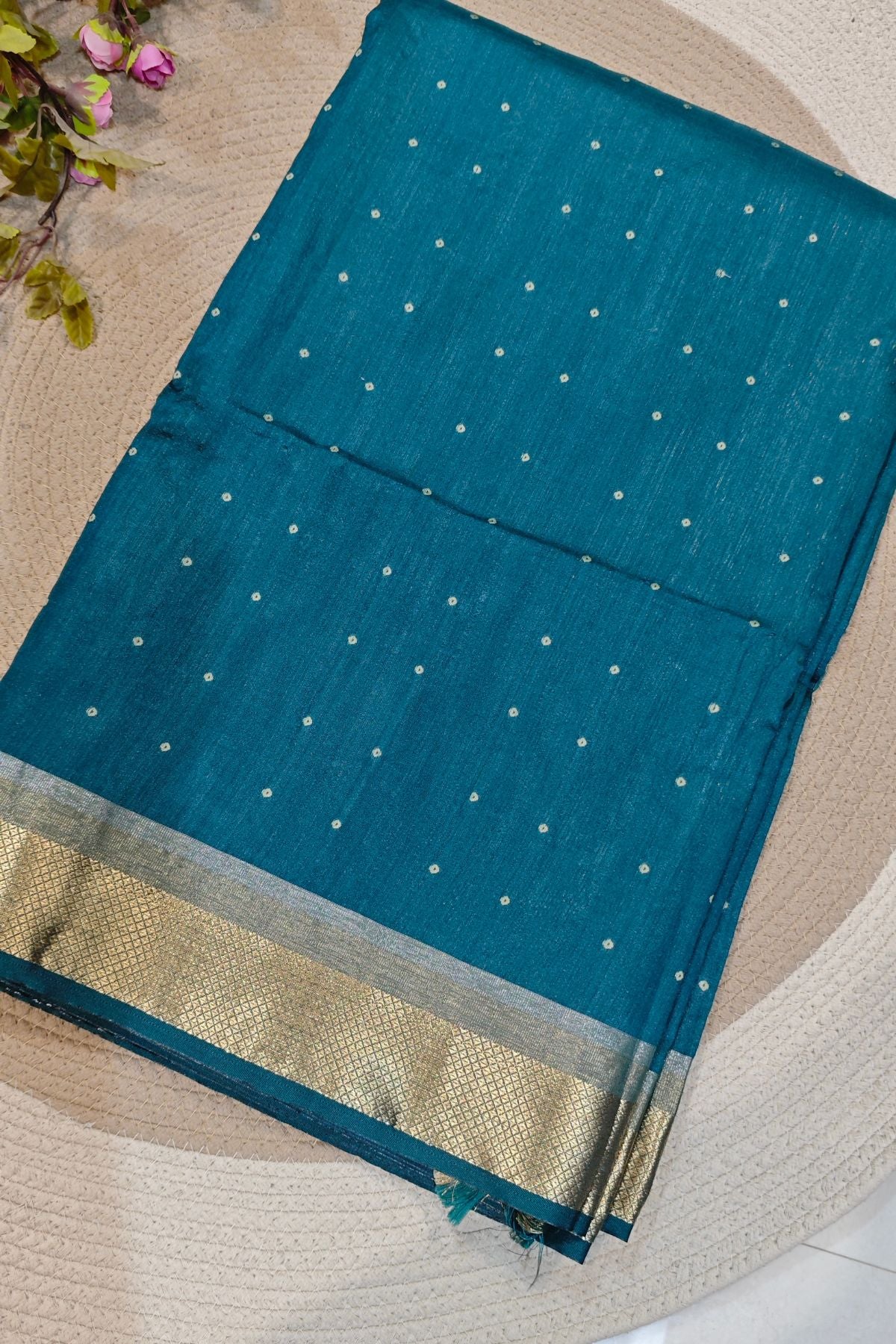 Teal Tussar Polka Saree