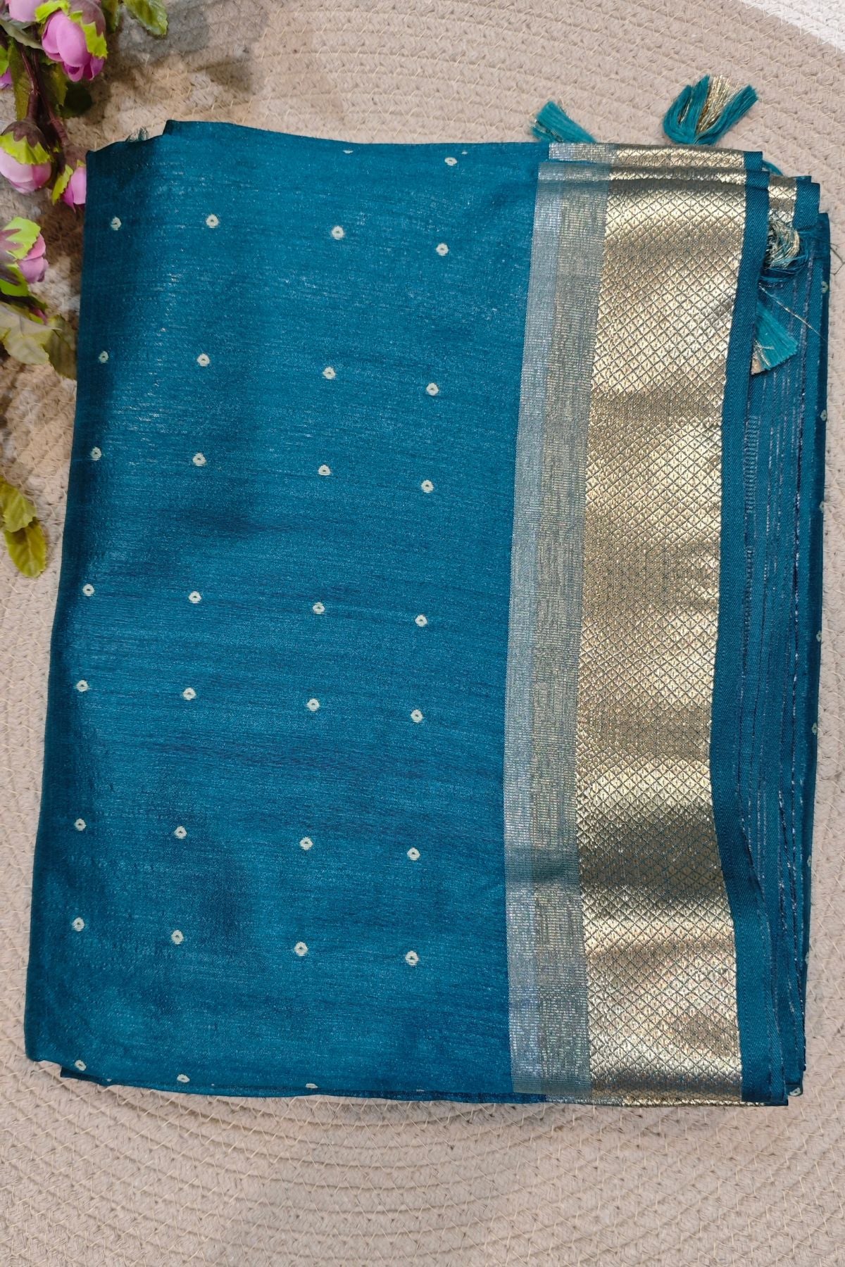 Teal Tussar Polka Saree