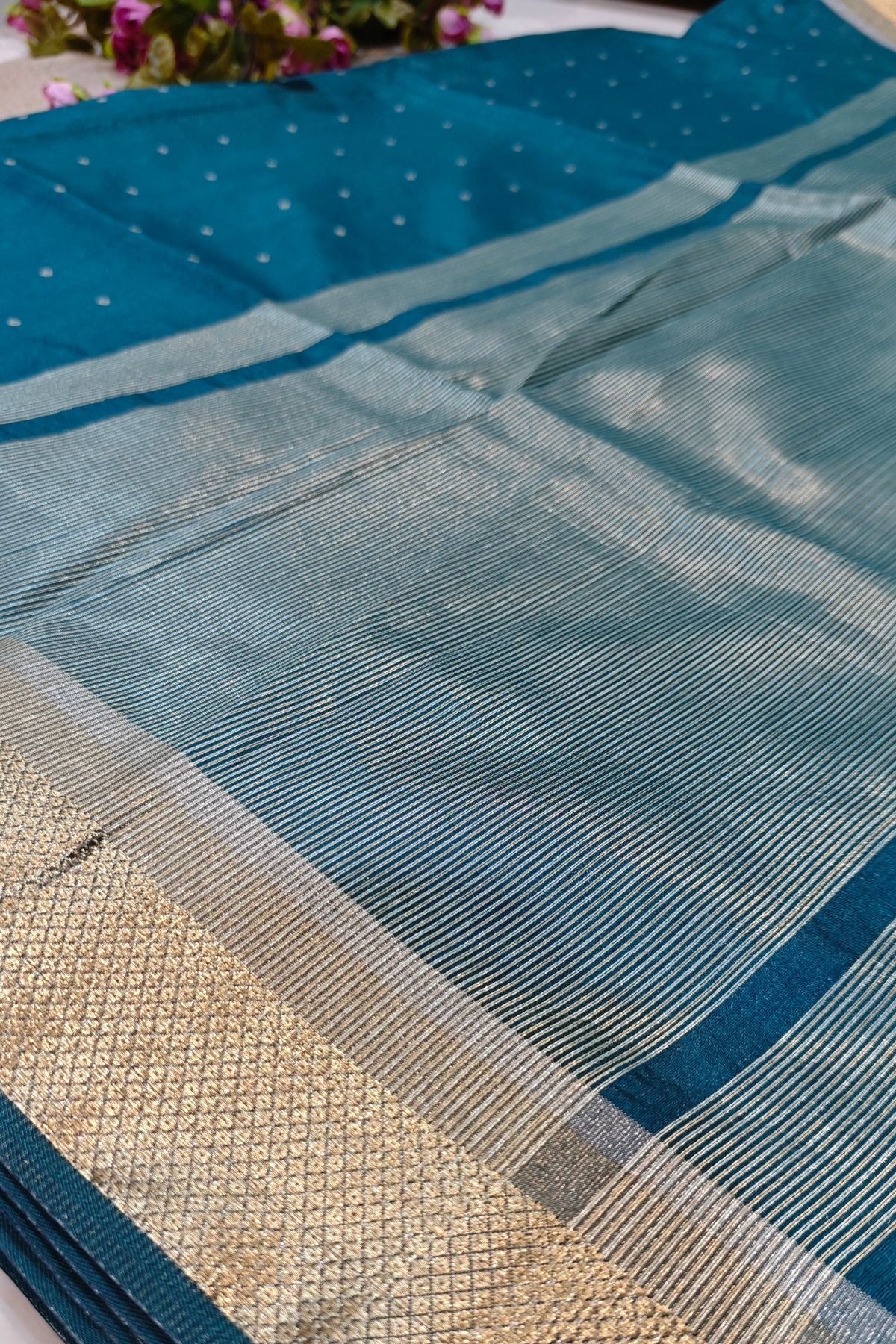 Teal Tussar Polka Saree