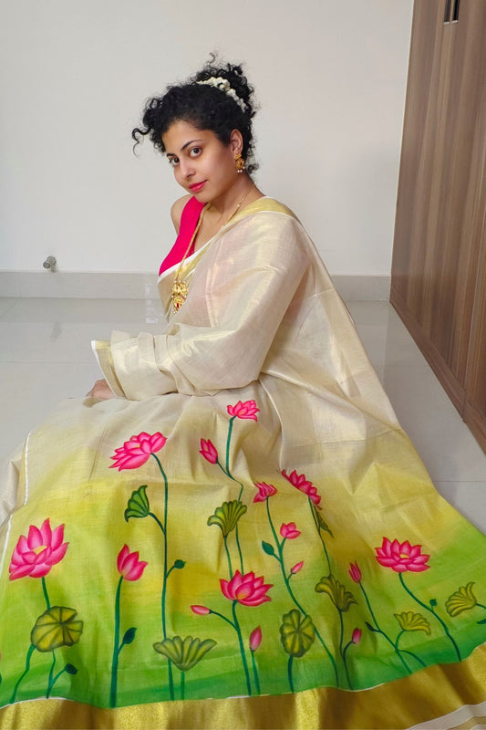 Ivory Kasavu Tissue Saree Lotus
