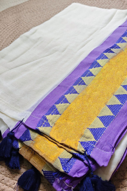 Lavendar Kanji Border White Mulcotton Saree