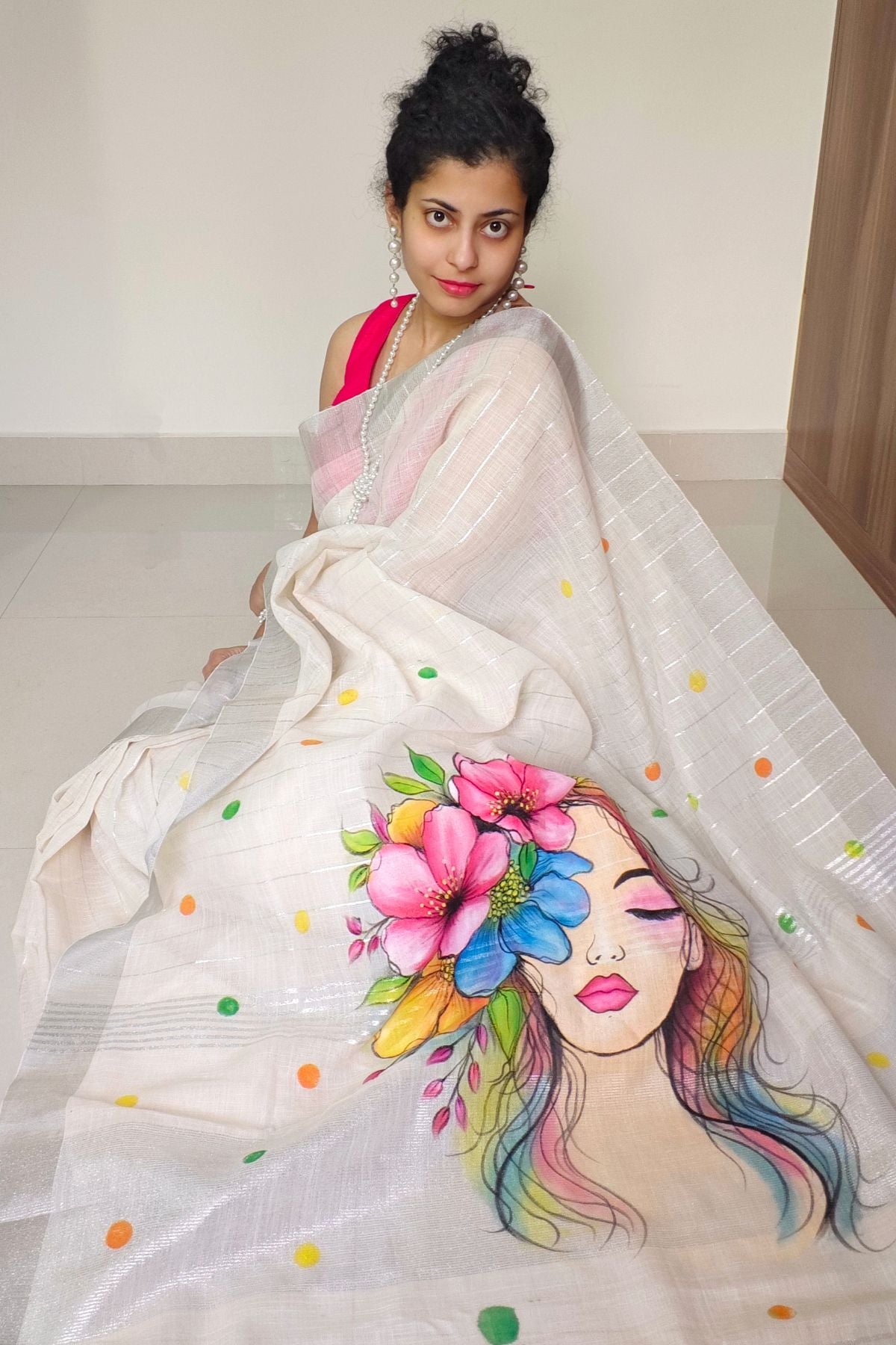 White Linen Saree Flower Girl