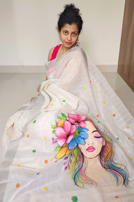 White Linen Saree Flower Girl