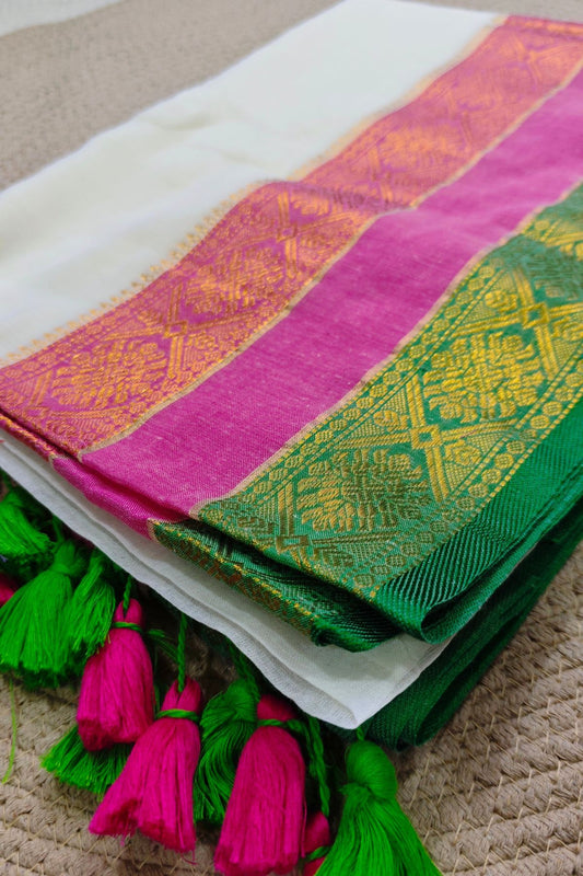 Pink & Green Kanji Border White Mulcotton Saree