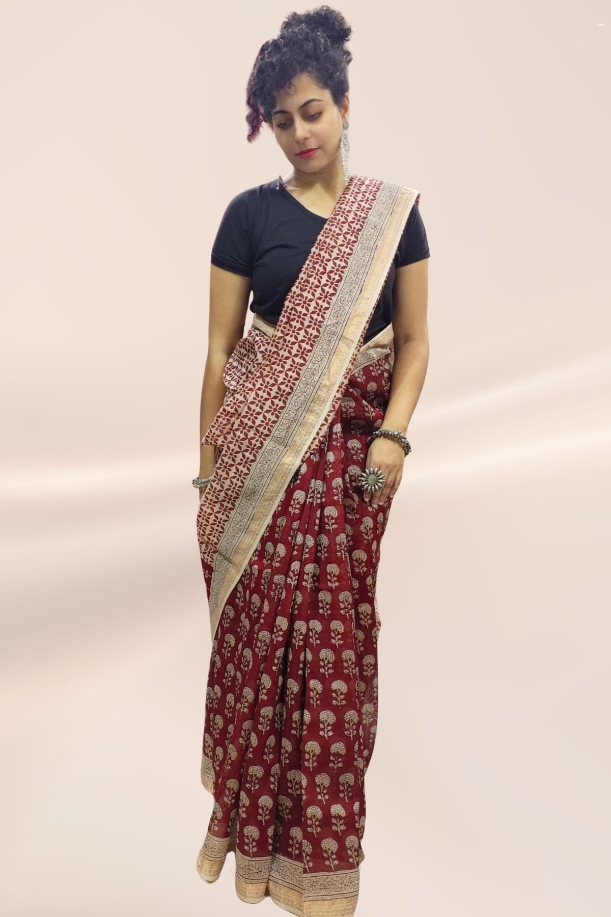 Red Bagh Print Maheshwari Saree