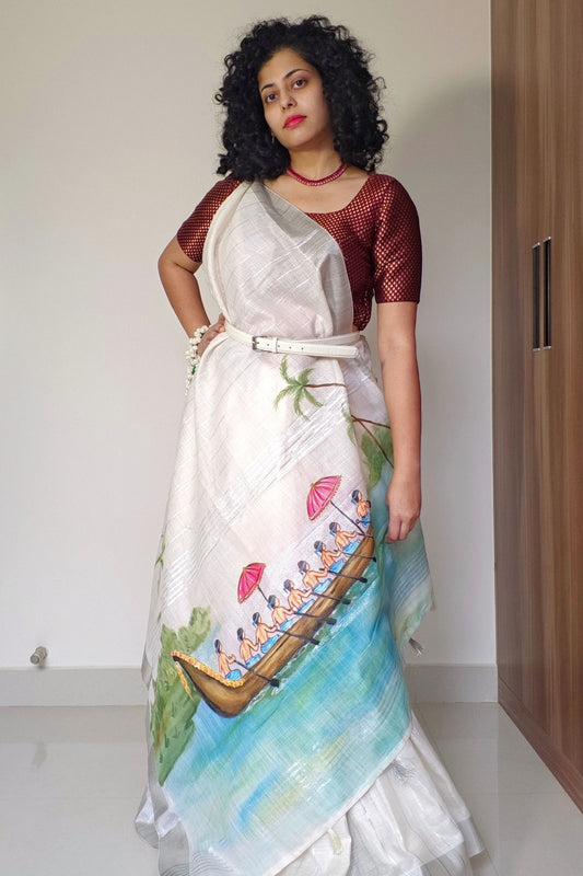 White Linen Saree Boat Race