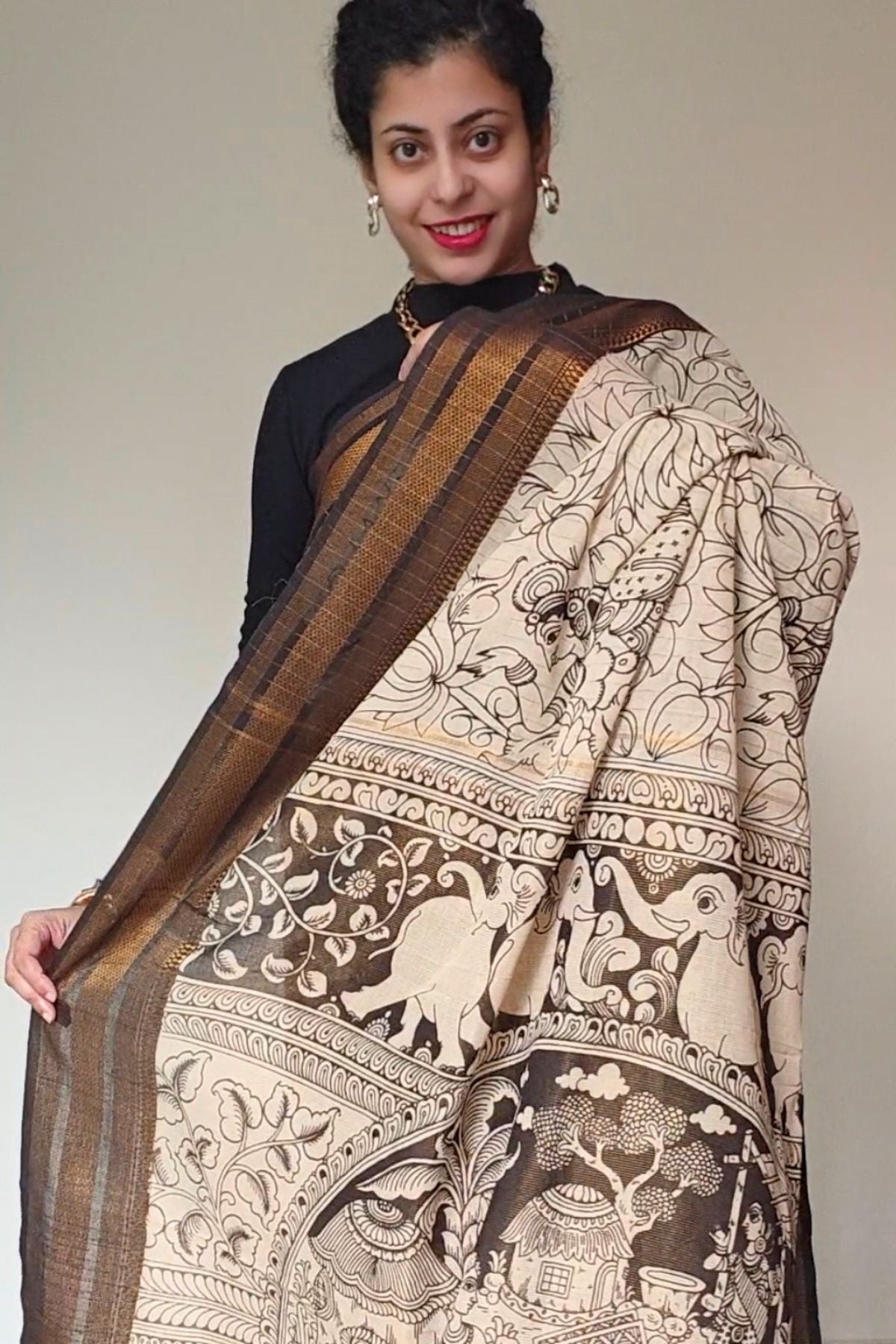 Ivory Srikalahasti Kalamkari Saree 1