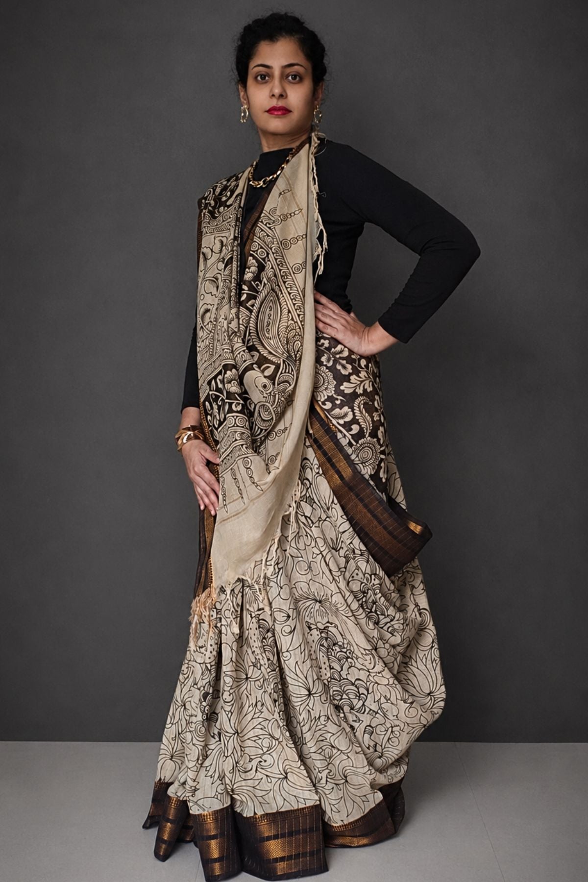 Ivory Srikalahasti Kalamkari Saree 1