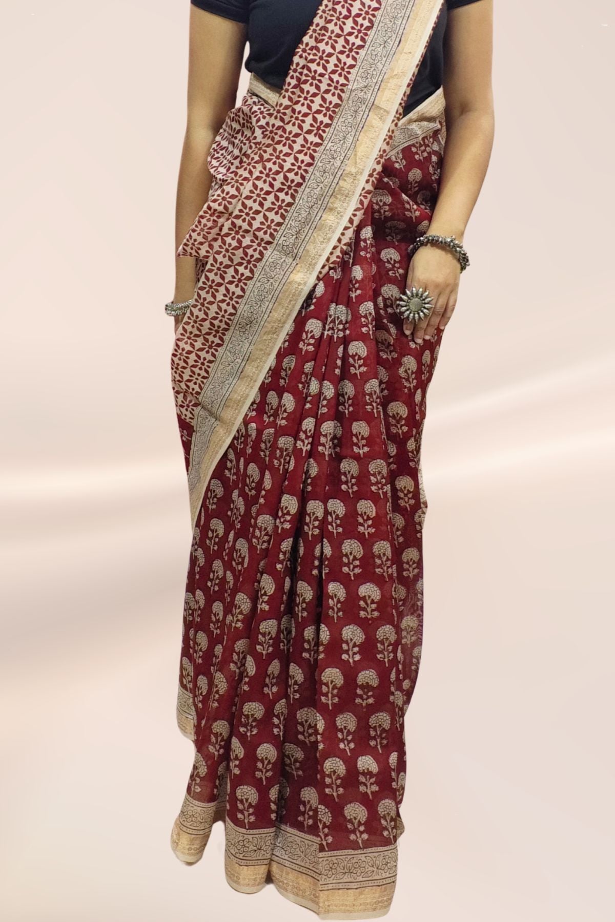 Red Bagh Print Maheshwari Saree